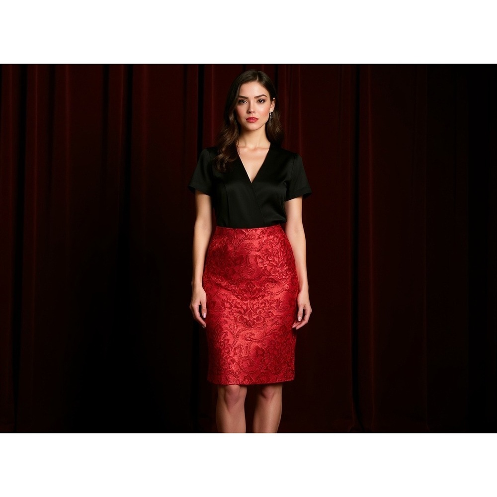 Sunny Leigh Red Brocade Jacquard Pencil Skirt Size 12 holiday, colorful, office